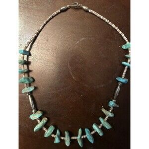 VTG Navajo Turquoise Bead Necklace Clam Shell Silver Old Natural Stone 18 Inch